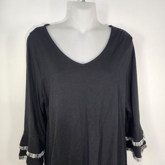 Chico’s Top Women Size 1 Medium Double Layer Fringe Black 3/4 Sleeve Cottaegcore - Picture 3 of 11